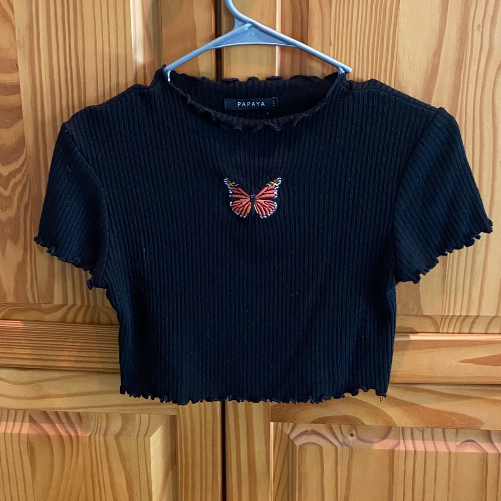 Lettuce Edged Black Butterfly Crop Top